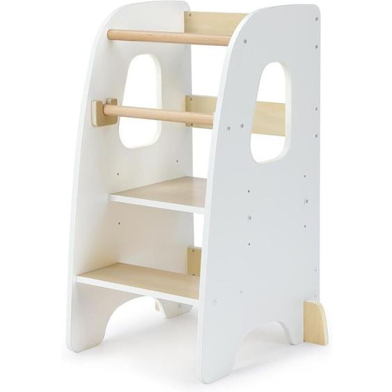 Chaise Haute Bébé Enfants en MDF,Tour dApprentissage 1 an+ Hauteur Réglable,Protection contre linclinaison,Sécurité MAX,Blanc