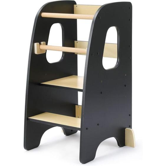 Chaise Haute Bébé Enfants en MDF,Tour dApprentissage 1 an+ Hauteur Réglable,Protection contre l’inclinaison,Sécurité MAX,Noir