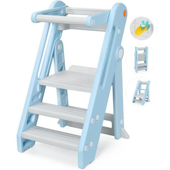 Chaise Haute Bébé HDPE,Tour dApprentissage 18 mois-6 ans Hauteur Réglable,Repose-pieds Antidérapants,Pliable,Sécurité - Bleu