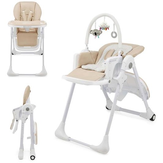 Chaise Haute Bébé Tummie 2 En 1 Avec Fonction Transat, Réglage 7 Hauteurs, Double Plateau Et Pliage Compact Beige