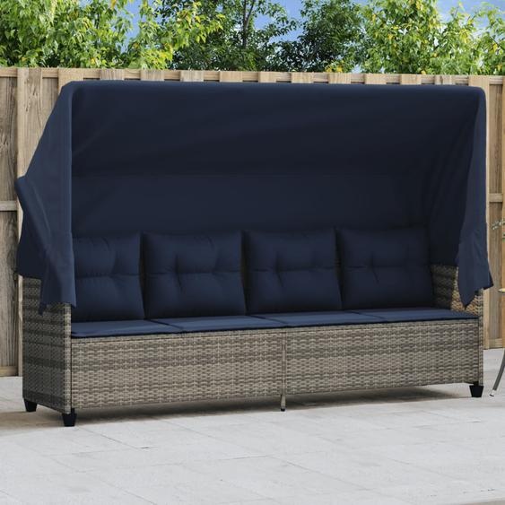Chaise longue avec auvent et coussins gris résine tressée
