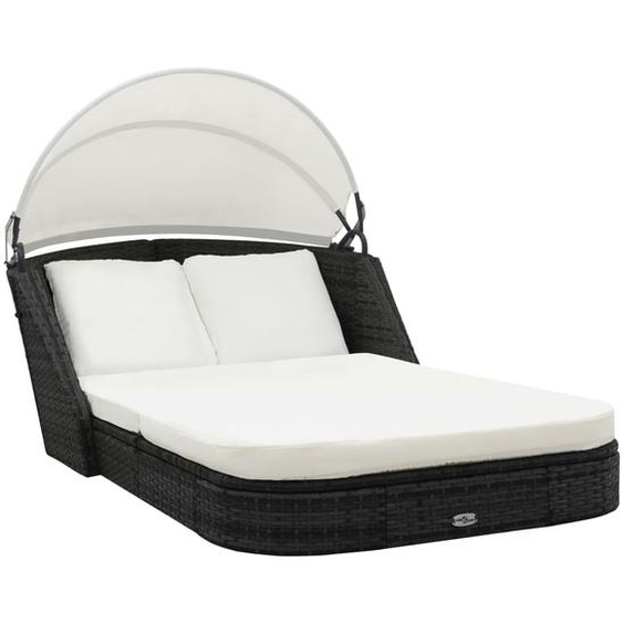 Chaise longue avec auvent Résine tressée Noir