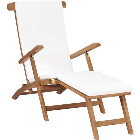 Chaise longue avec coussin Blanc crème Bois de teck solide
