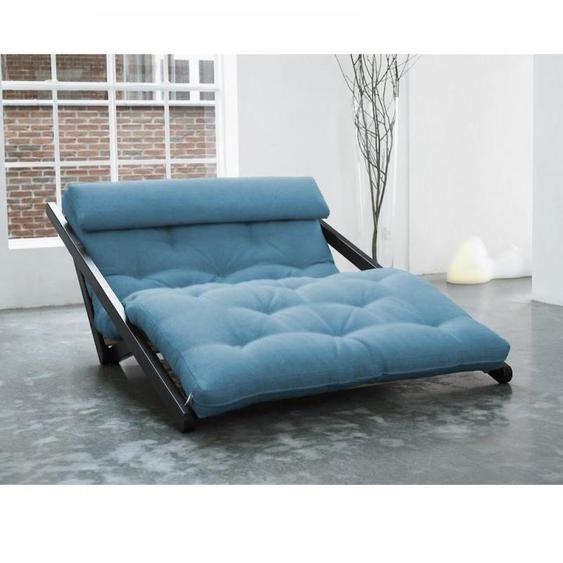 Chaise longue convertible wengé FIGO futon bleu azur couchage 120*200cm