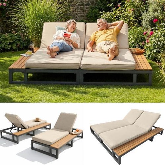 Chaise longue de jardin Chaise de loisirs dextérieur Canapé-lit, chaise longue double Chaise longue, angle du dossier réglable, beige, chaise longue double-lit