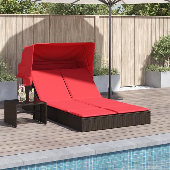 Chaise longue double avec auvent et coussins marron poly rotin