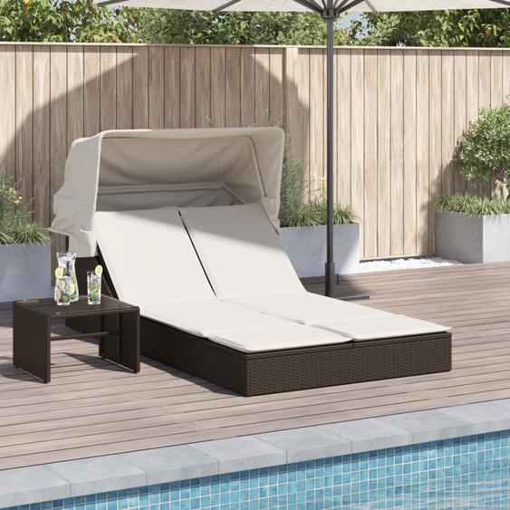 Chaise longue double avec auvent et coussins marron poly rotin