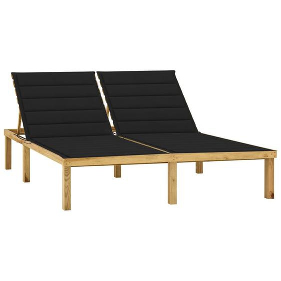 Chaise longue double et coussins noir bois de pin imprégné