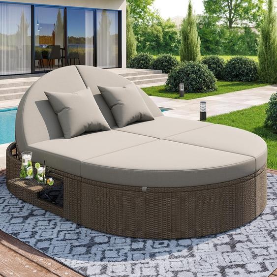 Chaise longue double pour 2 personnes, canapé de terrasse en rotin avec table dappoint latérale, chaise longue de jardin avec table rabattable, canapé dextérieur ovale