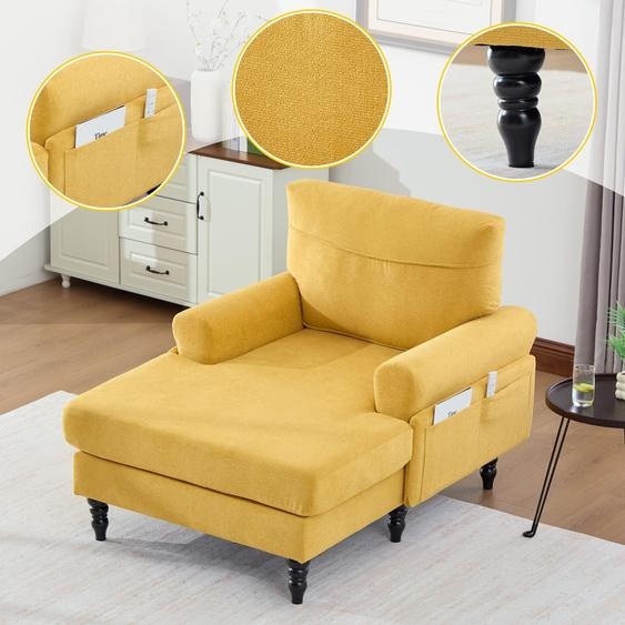 Chaise longue moderne en chenille – Canapé une place avec pieds en bois, dossier et accoudoirs confortables, poches latérales, pour le salon et la chambre à coucher, jaune moutarde