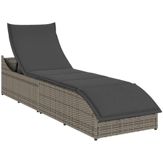 Chaise longue pliante coussin et rangement gris résine tressée