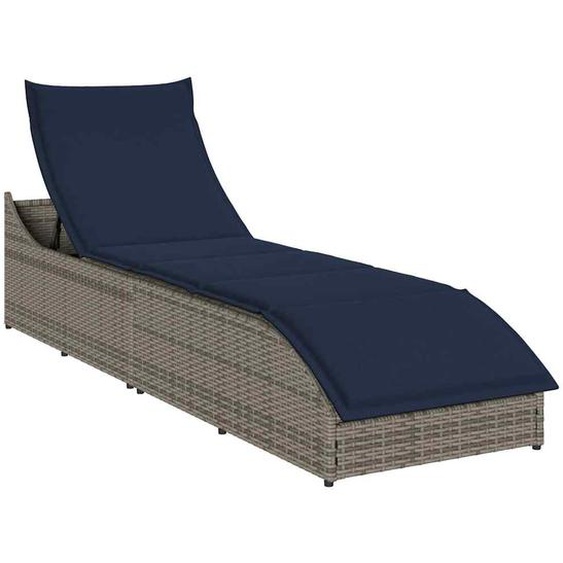 Chaise longue pliante coussin et rangement gris résine tressée