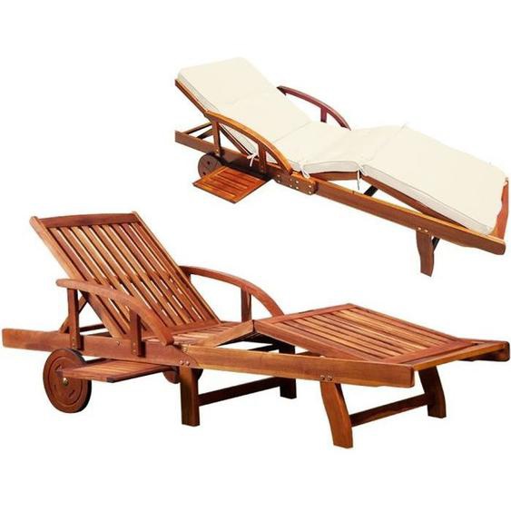 Chaise longue Tami Sun en bois dacacia Transat pliable avec coussin crème roues dossier repose pieds réglable