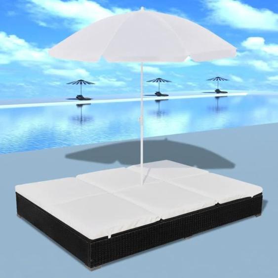 Chaise longue - vidaXL - Double - Résine tressée noire - Coussins amovibles - Parasol inclus
