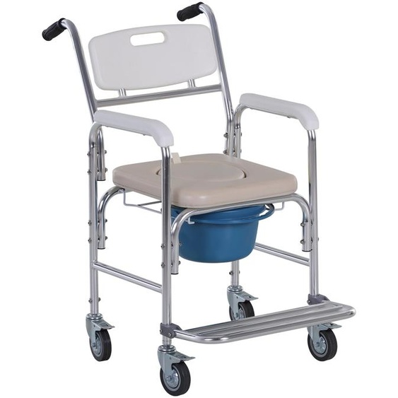 Chaise perce  roulettes - fauteuil roulant perc - chaise de douche - seau amovible, accoudoirs, repose-pied - acier chrom HDPE blanc
