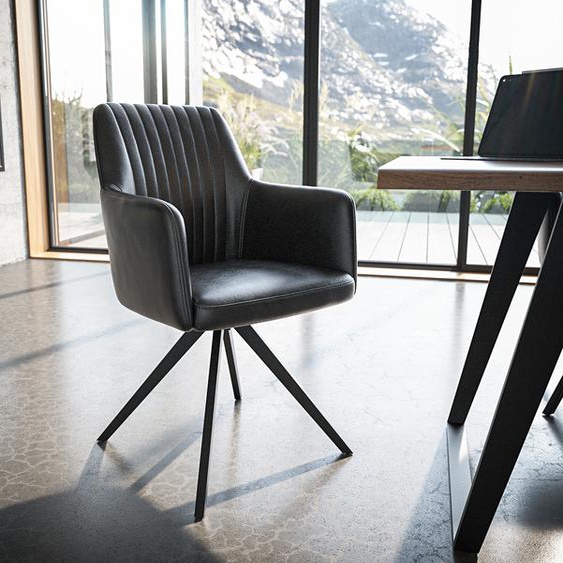 Chaise-pivotante Greg-Flex cuir véritable noir cadre croisé angulaire noir pivote sur 180°, Chaises de salle à manger
