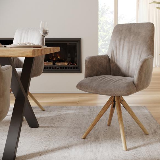 Chaise-pivotante Willa-Flex avec accoudoirs taupe vintage cadre en bois conique pivote sur 180°, Chaises de salle à manger