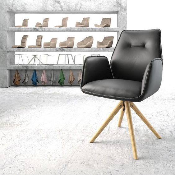 Chaise-pivotante Zoa-Flex cuir véritable noir cadre en bois conique pivote sur 180°, Chaises de salle à manger