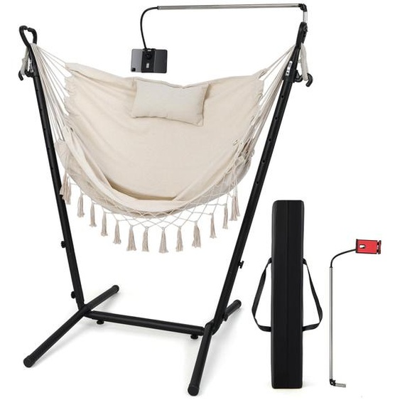 Chaise suspendue COSTWAY avec support, siège suspendu réglable en hauteur avec support pour téléphone portable, coussin & poche latérale, chaise suspendue Balançoire suspendue jusquà 250kg, Beige