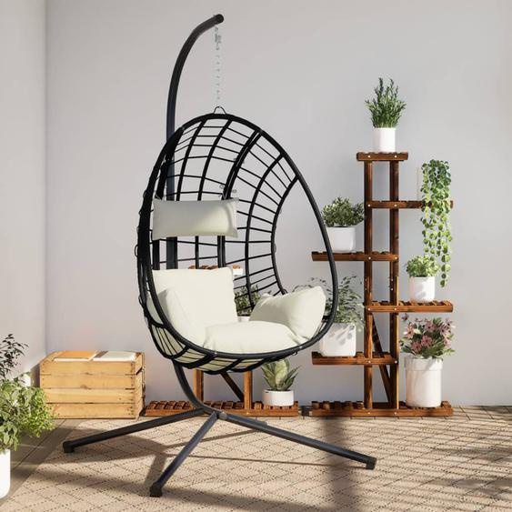 Chaise suspendue en forme dœuf et support beige rotin et acier