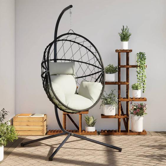 Chaise suspendue en forme dœuf et support beige rotin et acier