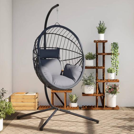 Chaise suspendue en forme dœuf et support gris rotin et acier