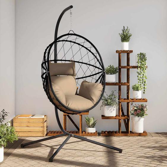 Chaise suspendue en forme dœuf et support taupe rotin et acier