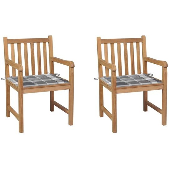 Chaises de jardin lot de 2 avec coussins à carreaux gris Teck