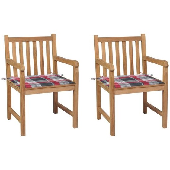 Chaises de jardin lot de 2 avec coussins à carreaux rouges Teck