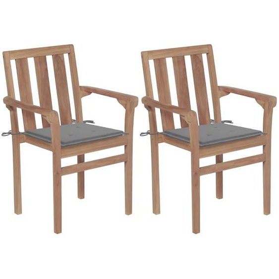 Chaises de jardin lot de 2 et coussins gris Bois de teck massif