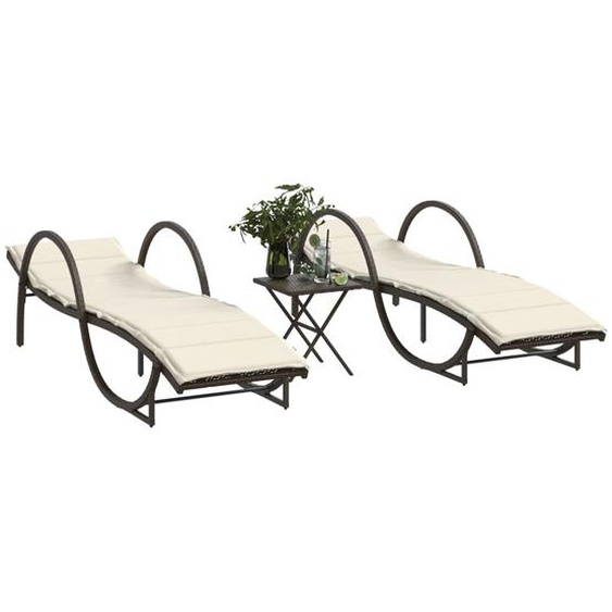 Chaises longues lot de 2 avec table marron résine tressée