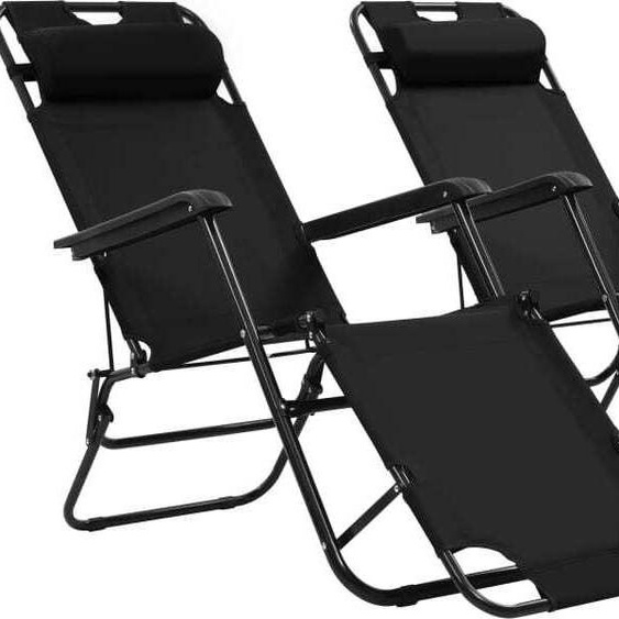 Chaises longues pliables 2 pcs avec repose-pied Acier Noir