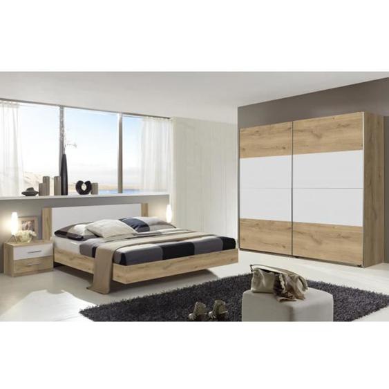 Chambre à coucher complète adulte (lit 180x200cm + 2 chevets + armoire) coloris imitation chêne poutre-blanc
