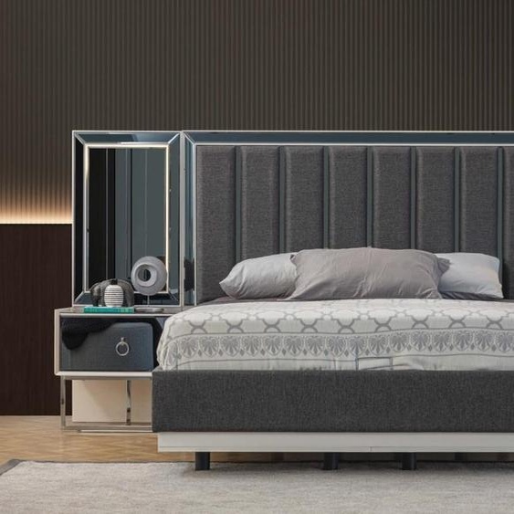 Chambre à coucher gris ensemble lit en acier inoxydable 2x bois tables de chevet 3pcs