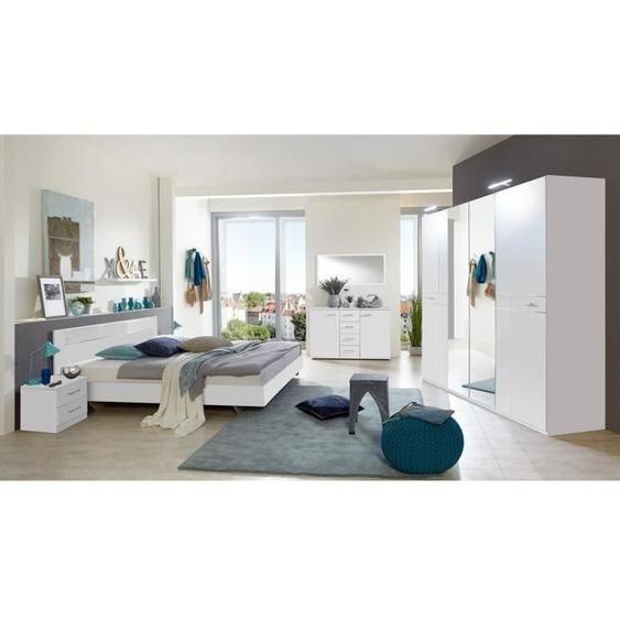 Chambre adulte complète, coloris blanc, rechampis verre blanc + chrome - Dim : 140 x 200 cm