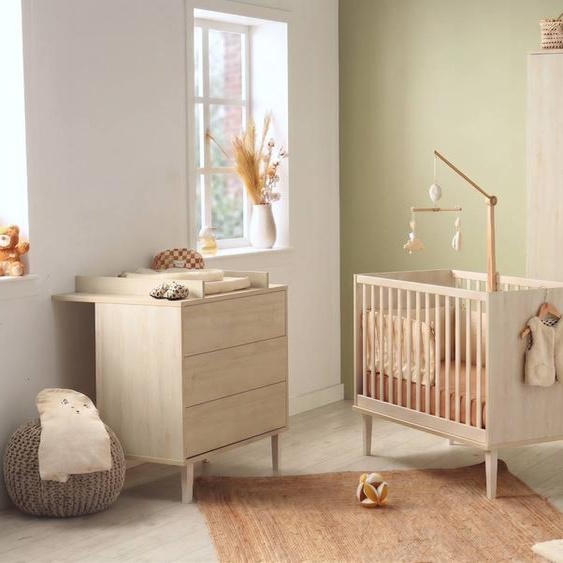 Chambre Bébé 3 Pièces , Lit 120x60, Commode À Langer 3 Tiroirs , Armoire 3 Portes Et 1 Niche - Décor Bois Hêtre Cendré - Opaline Beige