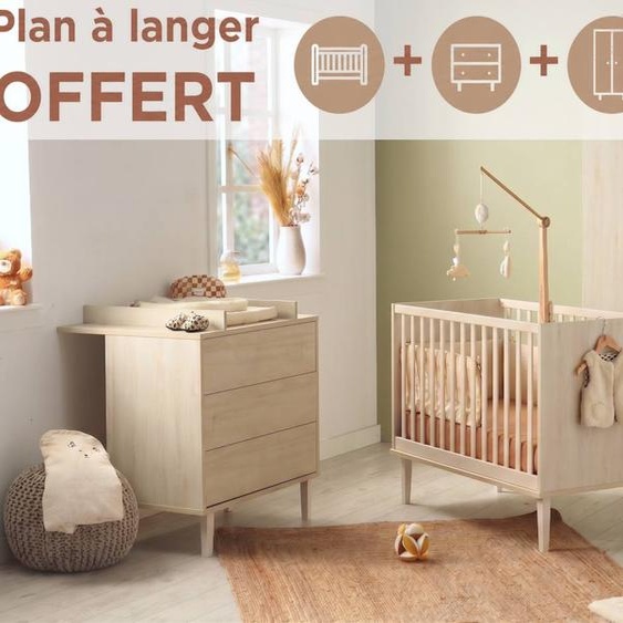 Chambre Bébé 3 Pièces , Lit Bébé 120x60, Commode À Langer 3 Tiroirs , Armoire 3 Portes Et 1 Niche - Décor Bois Hêtre Cendré - Opaline Beige