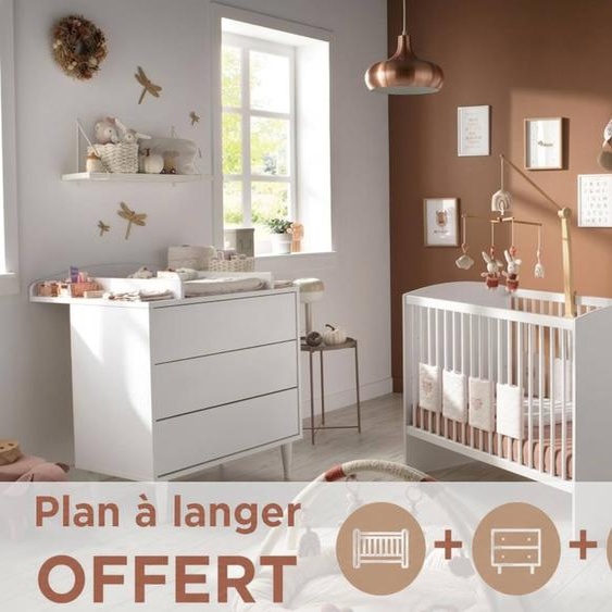 Chambre Bébé 3 Pièces, Lit Bébé 120x60, Commode À Langer Et Armoire 2 Portes - Milann Blanc