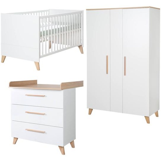 Chambre Bébé 3 Pièces - Lit Évolutif + Commode À Langer Et Armoire Leon Blanc - Chêne Othello