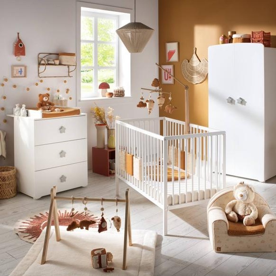 Chambre Bébé Complète Basic, Lit 120x60 Tout Barreaux, Commode À Langer 3 Tiroirs Et Armoire 2 Portes - Boutons Cœur - Basic Blanc/gris