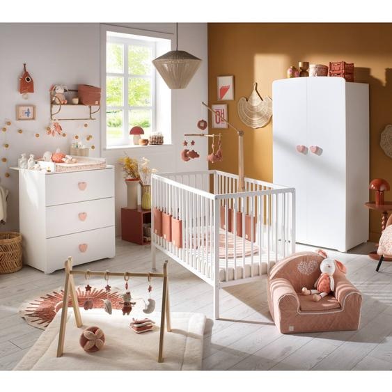 Chambre Bébé Complète Basic, Lit 120x60 Tout Barreaux, Commode À Langer 3 Tiroirs Et Armoire 2 Portes - Boutons Cœur - Basic Blanc/rose