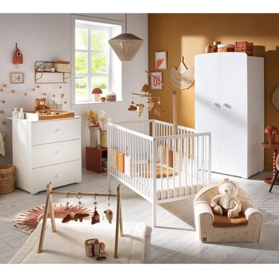 Chambre Bébé Complète Basic, Lit 120x60 Tout Barreaux, Commode À Langer 3 Tiroirs Et Armoire 2 Portes - Boutons Cœur - Basic Blanc