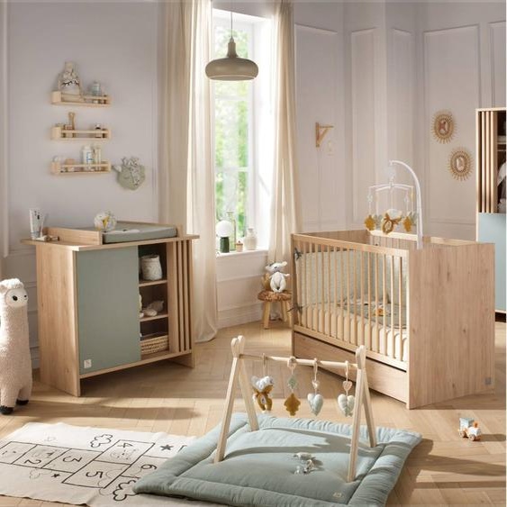 Chambre Bébé Complète, Lit Et Commode À Langer Avec Claustra - Tokyo Vert/marron