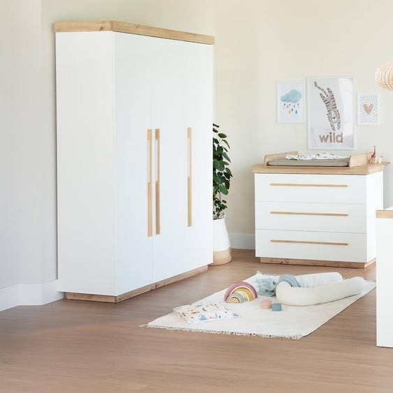 Chambre Bébé Complète - Lit Évolutif + Commode À Langer Et Armoire Lumo Blanc - Chêne Artisan