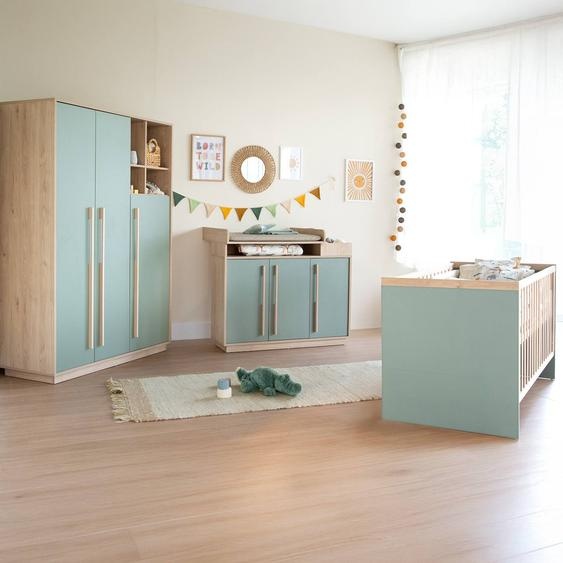 Chambre Bébé Complète - Lit Évolutif + Commode À Langer Et Armoire Selva Vert Sauge - Noyer De Virginie