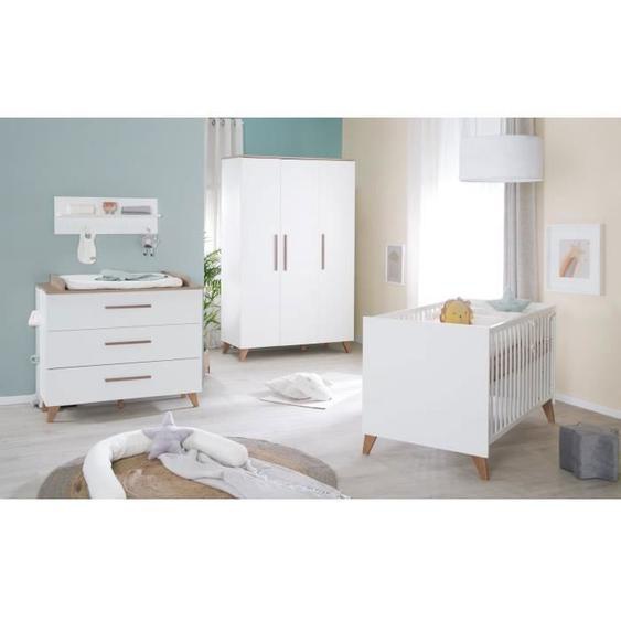 Chambre Bébé Complète ROBA - Ole - Lit Évolutif 70x140 cm + Commode à Langer + Armoire 3 Portes - Blanc - Chêne Foncé