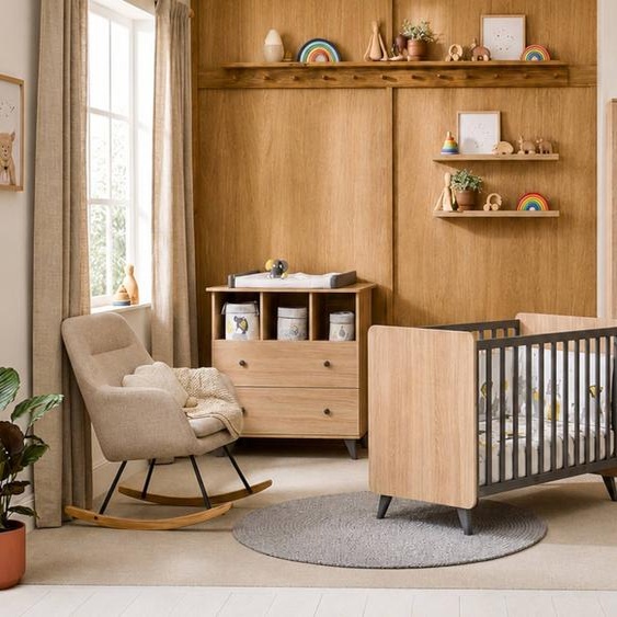Chambre Bébé Duo: Lit Bébé 60x120 Et Commode À Langer 2 Tiroirs Décor Bois Chêne - Come Marron/gris