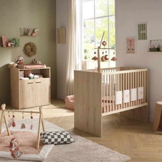 Chambre Bébé Duo: Lit Bébé 60x120 Évolutif Et Commode À Langer 2 Portes Décor Bois Hêtre - Adele Marron
