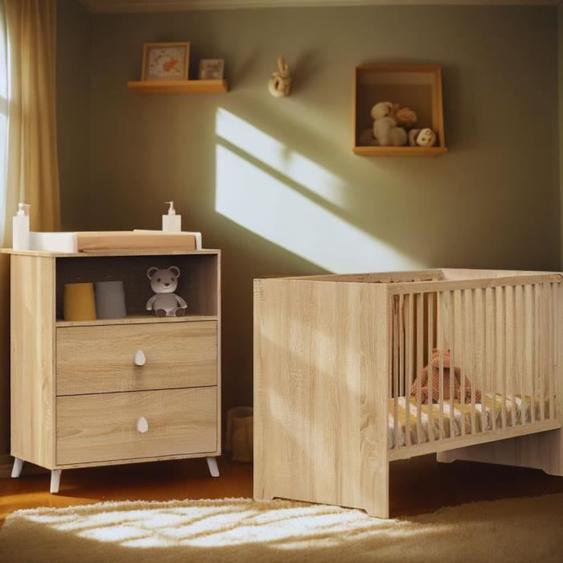 Chambre bébé duo MONTANA - Lit 120x60 + Commode à langer 2 tiroirs décor chêne doré - SAUTHON