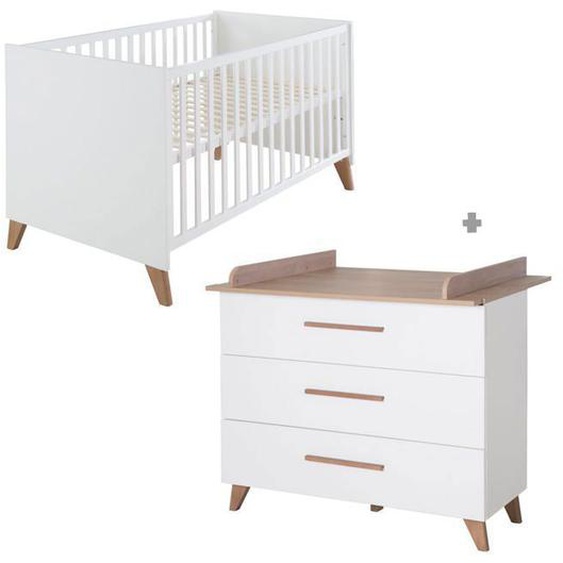 Chambre Bébé Duo ROBA - Ole - Lit Évolutif 70x140 cm + Commode à Langer avec Plan à Langer Amovible - Blanc - Chêne Foncé